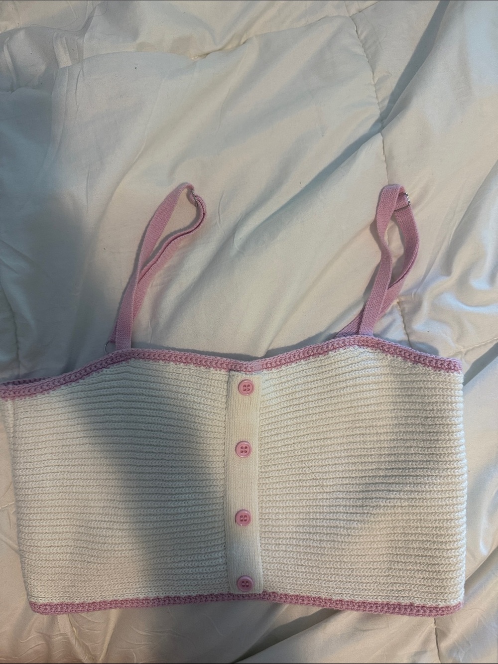 Forever 21 White and Pink Knit Button-Front Crop Top